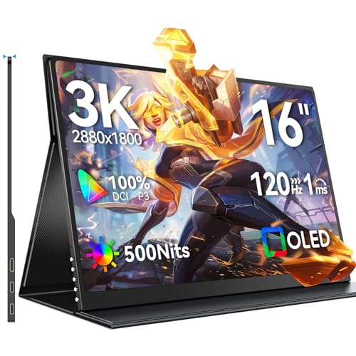 Monitor Portátil OLED 3K 120Hz 16 Pulgadas con 100000:1 500 Nits 2880*1800 16:10 DCI-P3 1ms Pantalla Mini HDMI USB C para PC Laptop Smartphone Consolas de Juegos