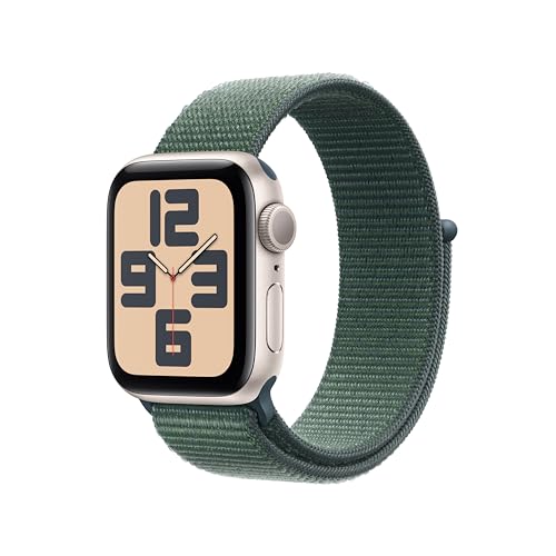 Apple Watch SE de 2.ª generación GPS Smartwatch con Caja de Aluminio en Blanco Estrella de 40 mm y Correa Loop Deportiva Verde Lago. Monitores de entreno y sueño y Neutro en Carbono