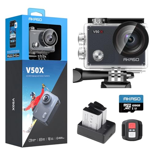 AKASO V50 X Cámara Deportiva 4K con 128GB microSDXC U3 Tarjeta de Memoria Cámara de Acción WiFi 20MP Cámara Acuatica Sumergible 40M con Pantalla Táctil Control Remoto Multi Accesorio